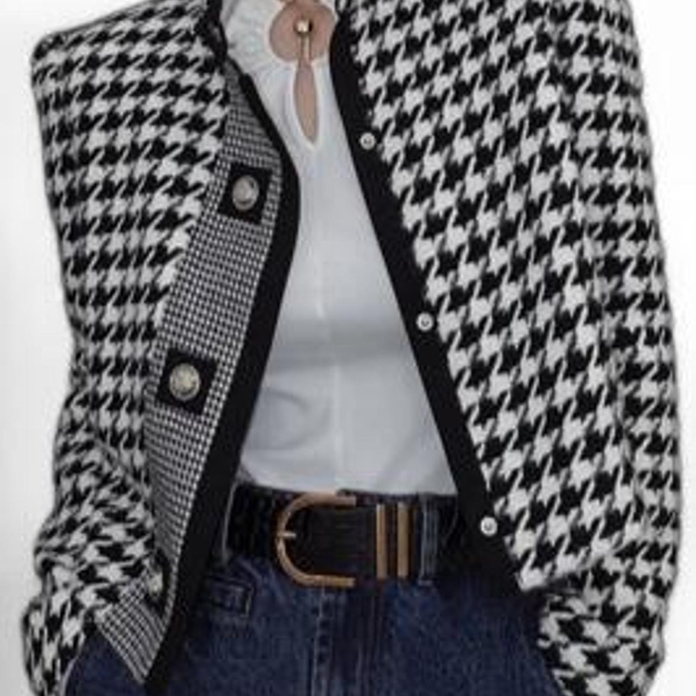 OSHOPLIVE Women's Long Sleeve Loose Buttoned Houndstooth Printed Blazer
